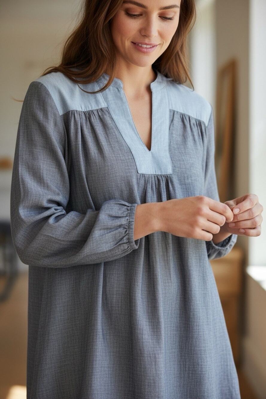 Land's End Women's Chambray Mix Blue Peasant Tunic Size XL Top Long Sleeves